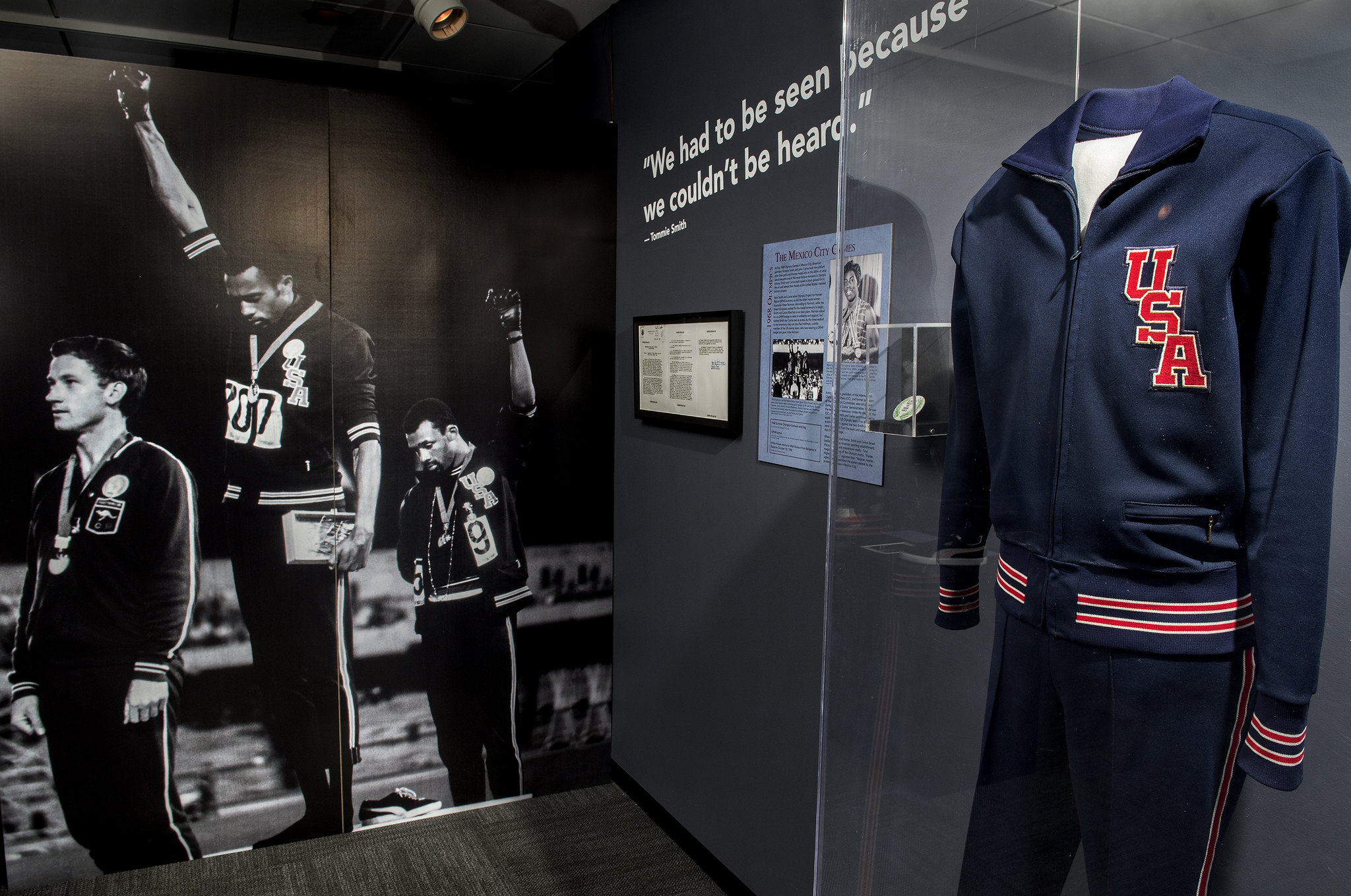 A view of the area in the "Get in the Game" exhibition, which discusses the 1968 Olympics in Mexico City.